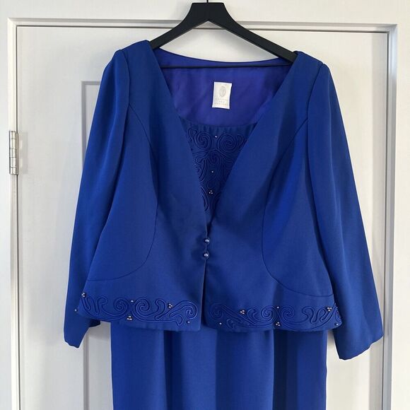 Watters & Watters Sz 20 MOB MOG Long Gown & Blazer Cobalt Blue Sheath Embroidery - Picture 2 of 16